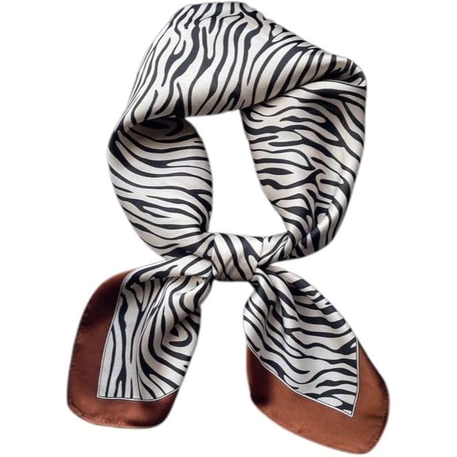 スカーフ シルク調 70cm正方形 プリント 上品カラー レディース 卒業式・プレゼント(ブラウン ゼブラ)