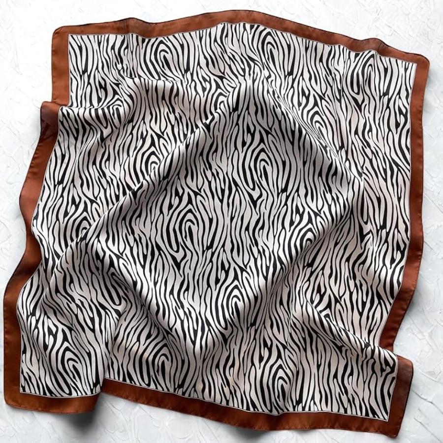 スカーフ シルク調 70cm正方形 プリント 上品カラー レディース 卒業式・プレゼント(ブラウン ゼブラ) - 画像 (2)