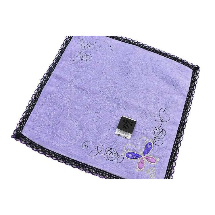 ANNA SUI アナスイ タオルハンカチ 1枚 レディース ブランド パープル バタフライ ローズ 刺繍 女性 婦人 ハンドタオル - 画像 (2)