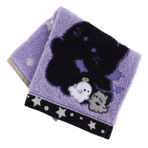 オバケーヌ　タオルハンカチ　アクマ―ヌ&テンシ―ヌ　アップリケ　ブラック